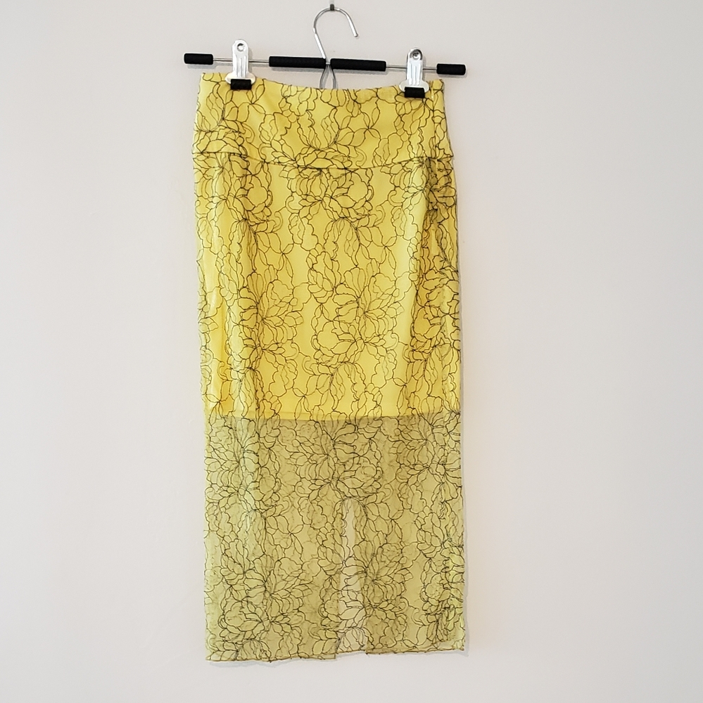 Yellow pencil skirt w/ floral mesh overlay